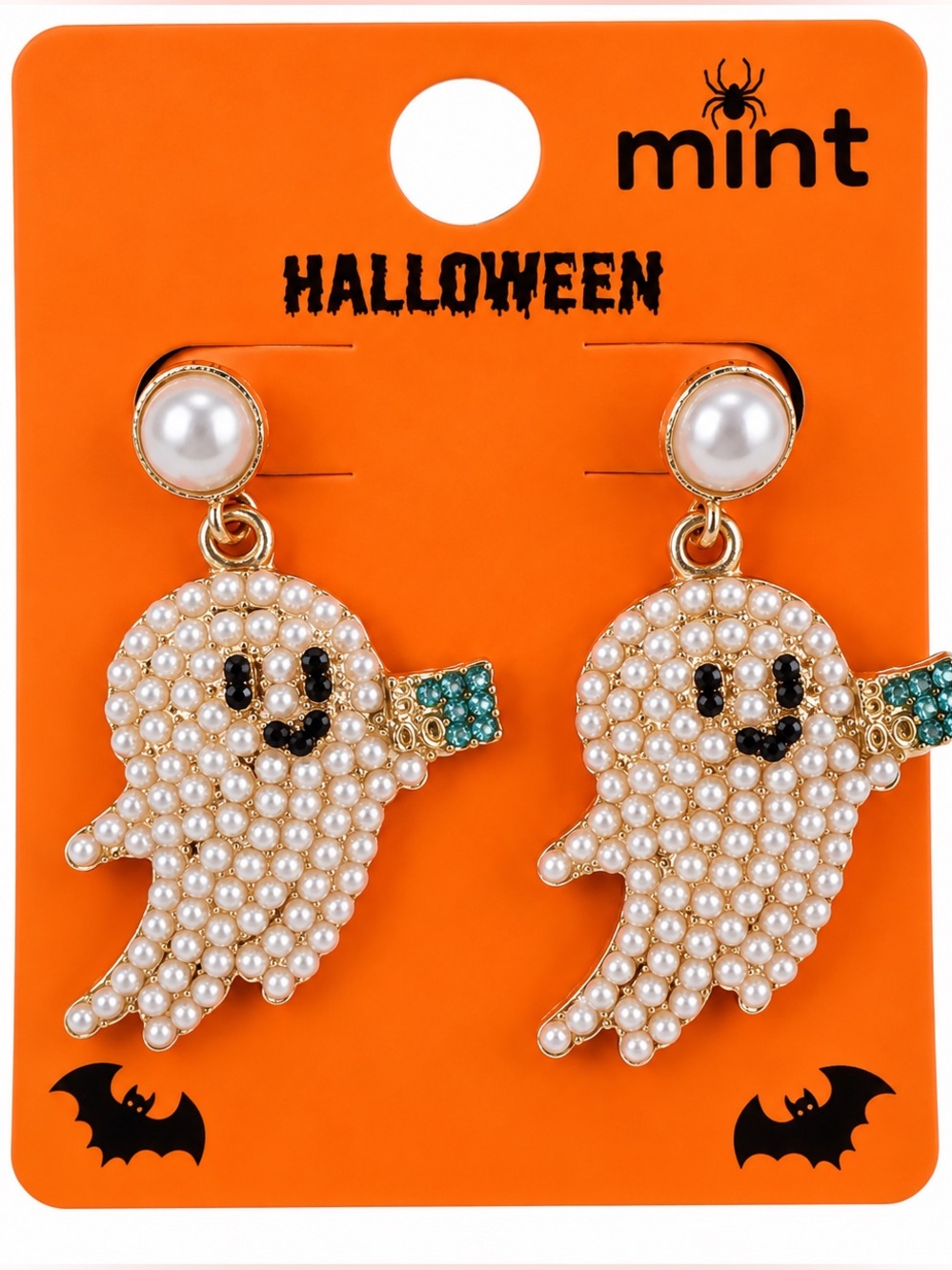 Mint Halloween Gold Pearl Ghost Dangle Earrings Spooky NWT
